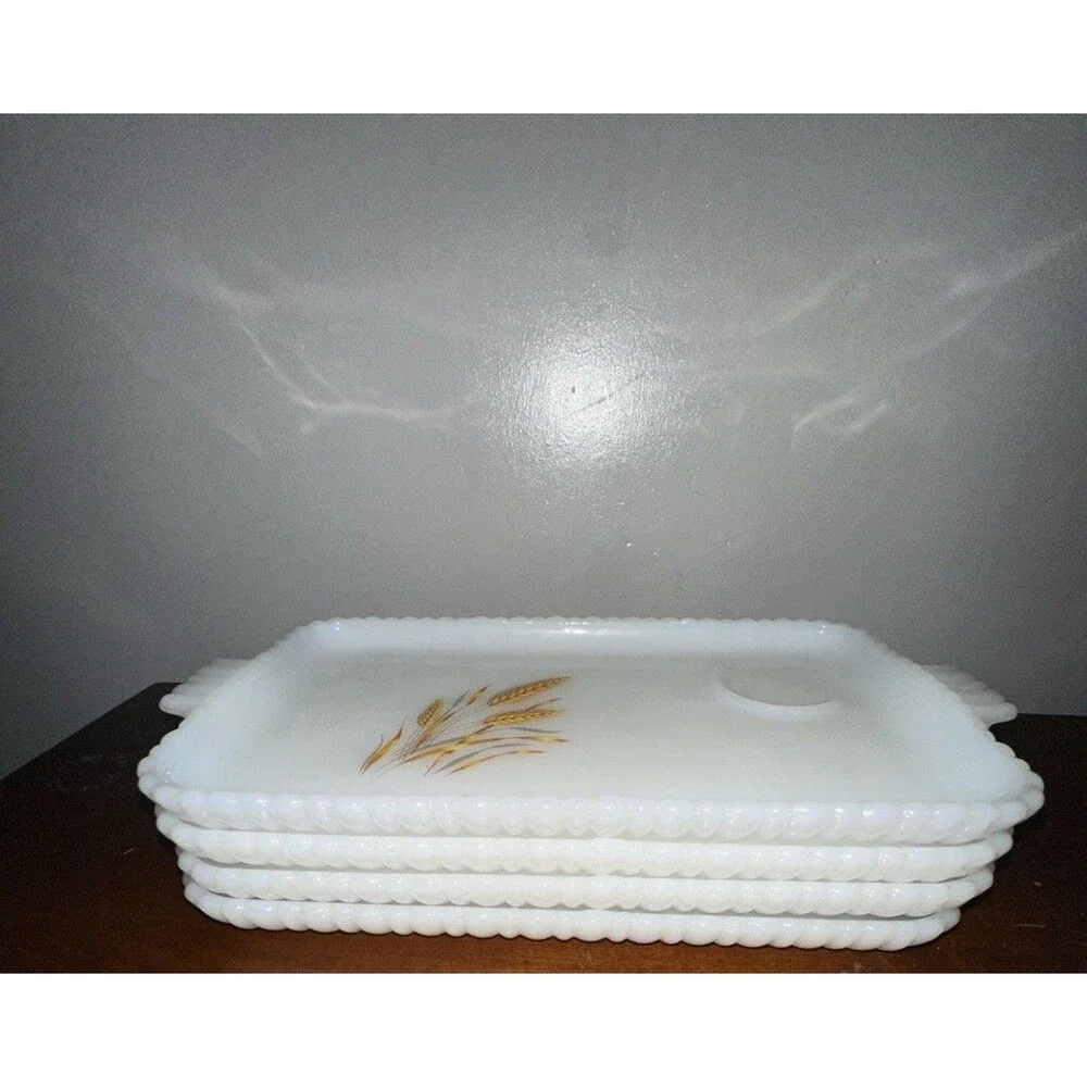 VTG Set of 4 Anchor Hocking Fire King Milk Glass Wheat Snack Plates